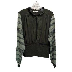 Gimmicks Green Embroidered Chiffon Long Sleeve Ruffle Smocked Blouse Size L Boho